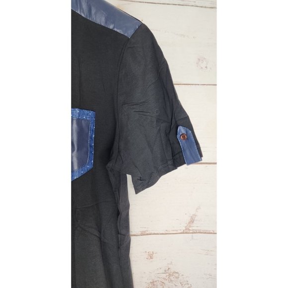 Vassari Los Angeles Men's Med Black V-Neck Designer Shirt Rare Blue Faux Leather - Picture 6 of 15